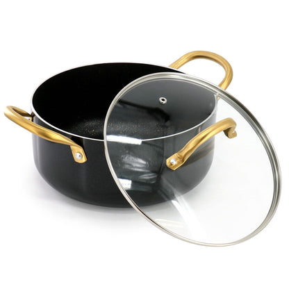 Cocotte antiadhésive en aluminium de 5 litres avec couvercle, noir et or