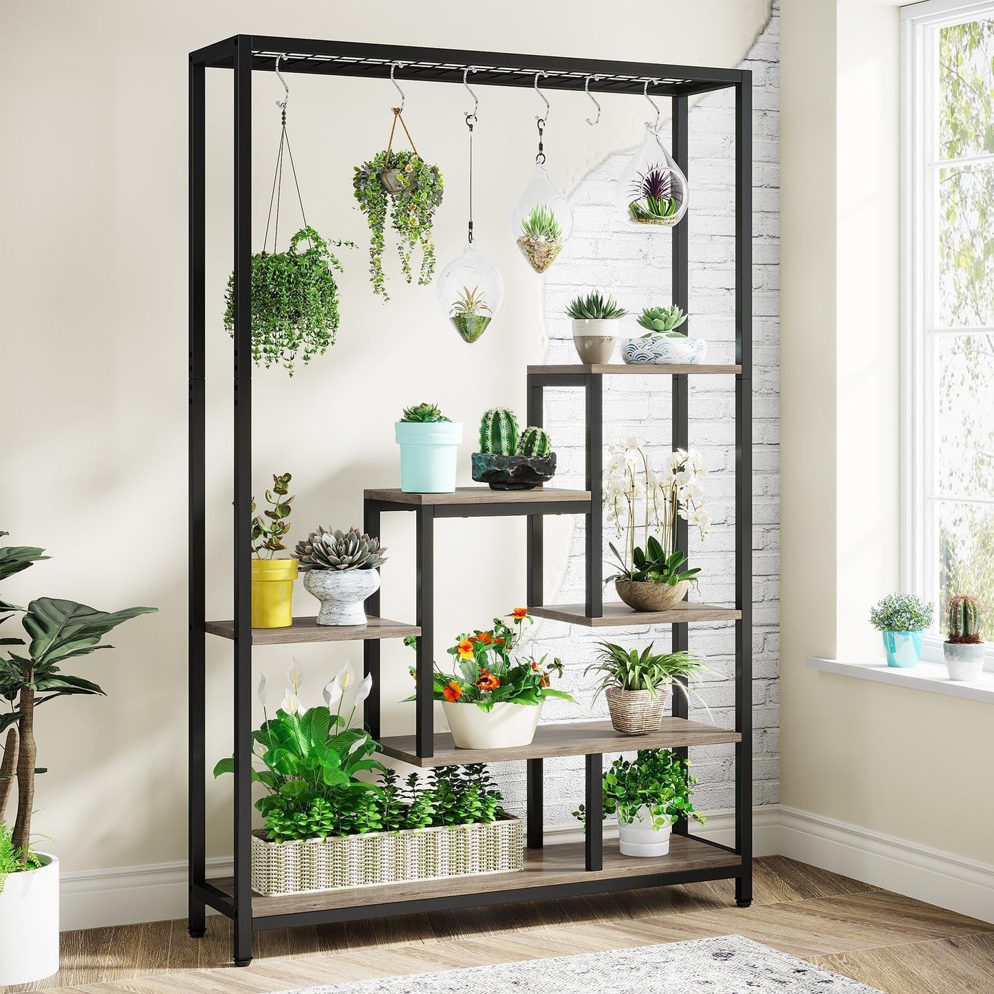 Support pour plantes d'intérieur haut à 5 niveaux, étagère pour plantes de 180 cm avec 10 crochets de suspension
