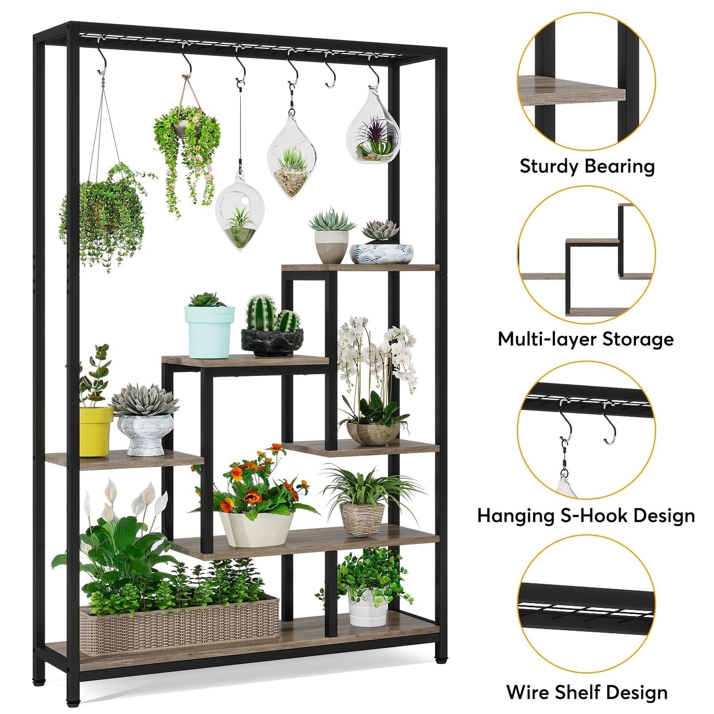 Support pour plantes d'intérieur haut à 5 niveaux, étagère pour plantes de 180 cm avec 10 crochets de suspension