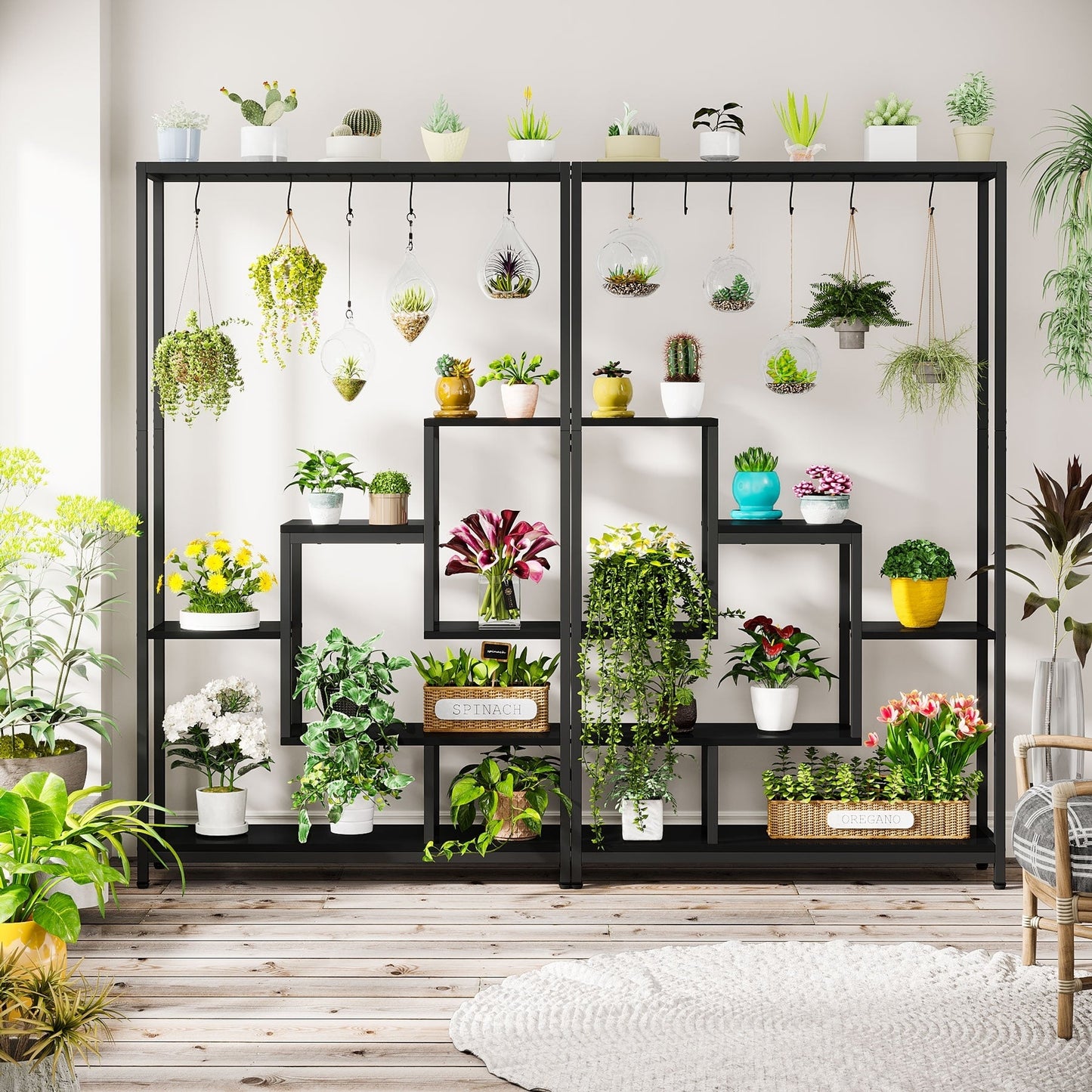 Support pour plantes d'intérieur haut à 5 niveaux, étagère pour plantes de 180 cm avec 10 crochets de suspension