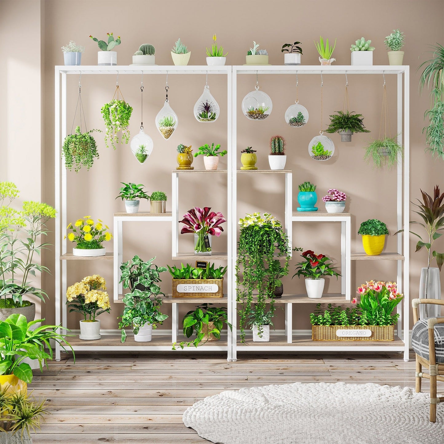 Support pour plantes d'intérieur haut à 5 niveaux, étagère pour plantes de 180 cm avec 10 crochets de suspension