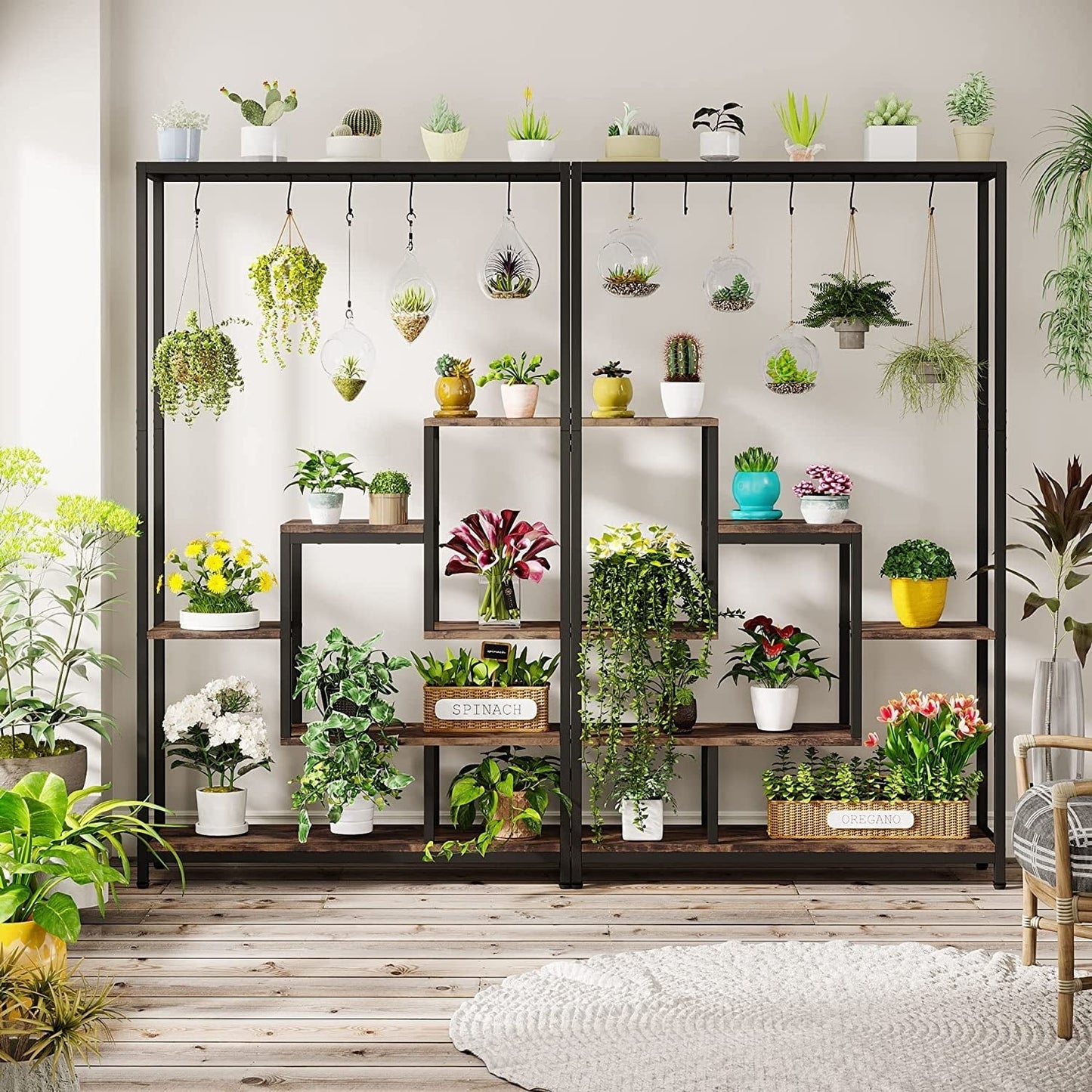 Support pour plantes d'intérieur haut à 5 niveaux, étagère pour plantes de 180 cm avec 10 crochets de suspension