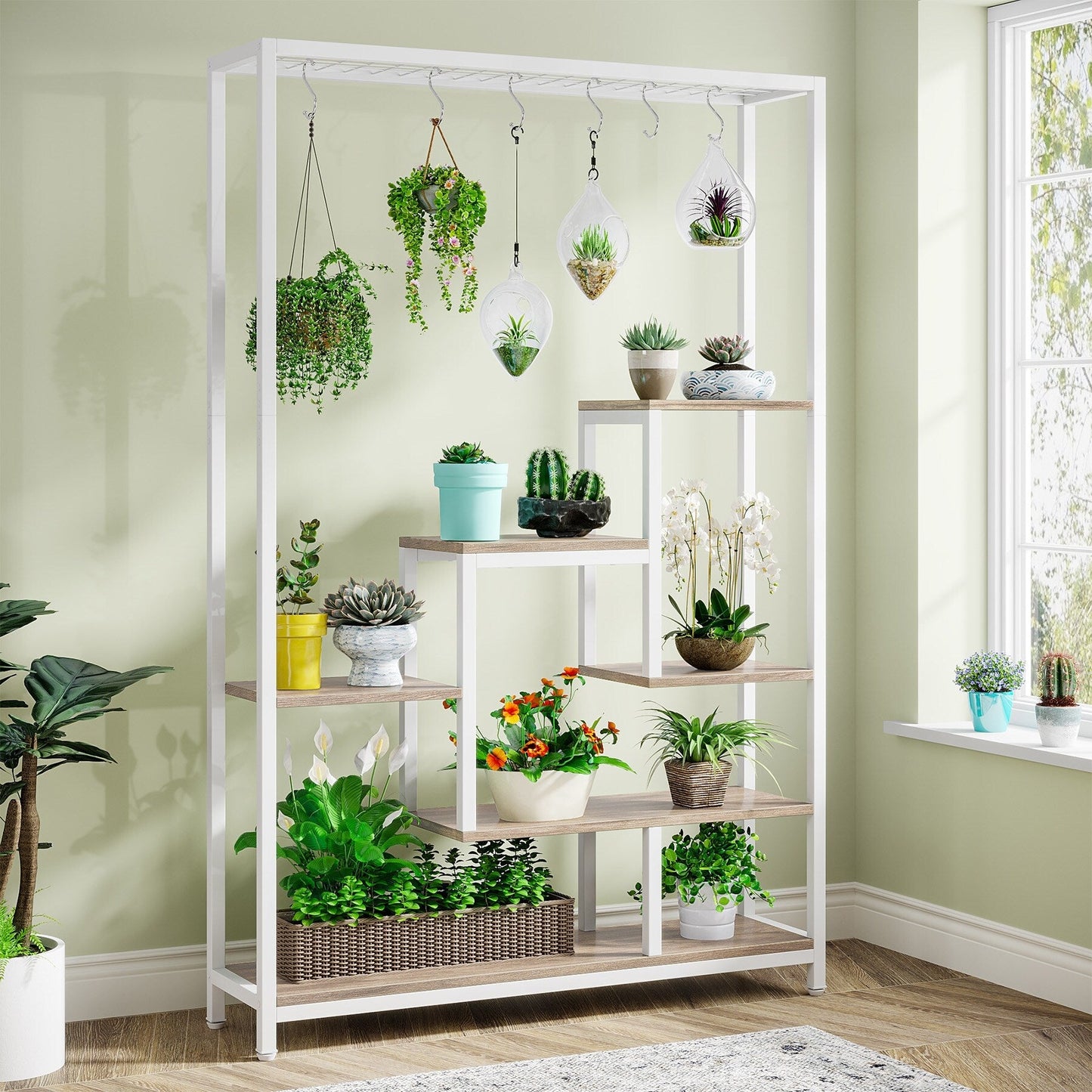 Support pour plantes d'intérieur haut à 5 niveaux, étagère pour plantes de 180 cm avec 10 crochets de suspension