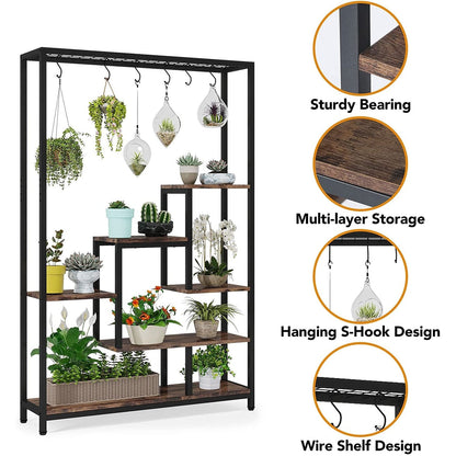 Support pour plantes d'intérieur haut à 5 niveaux, étagère pour plantes de 180 cm avec 10 crochets de suspension