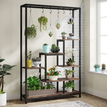 Support pour plantes d'intérieur haut à 5 niveaux, étagère pour plantes de 180 cm avec 10 crochets de suspension