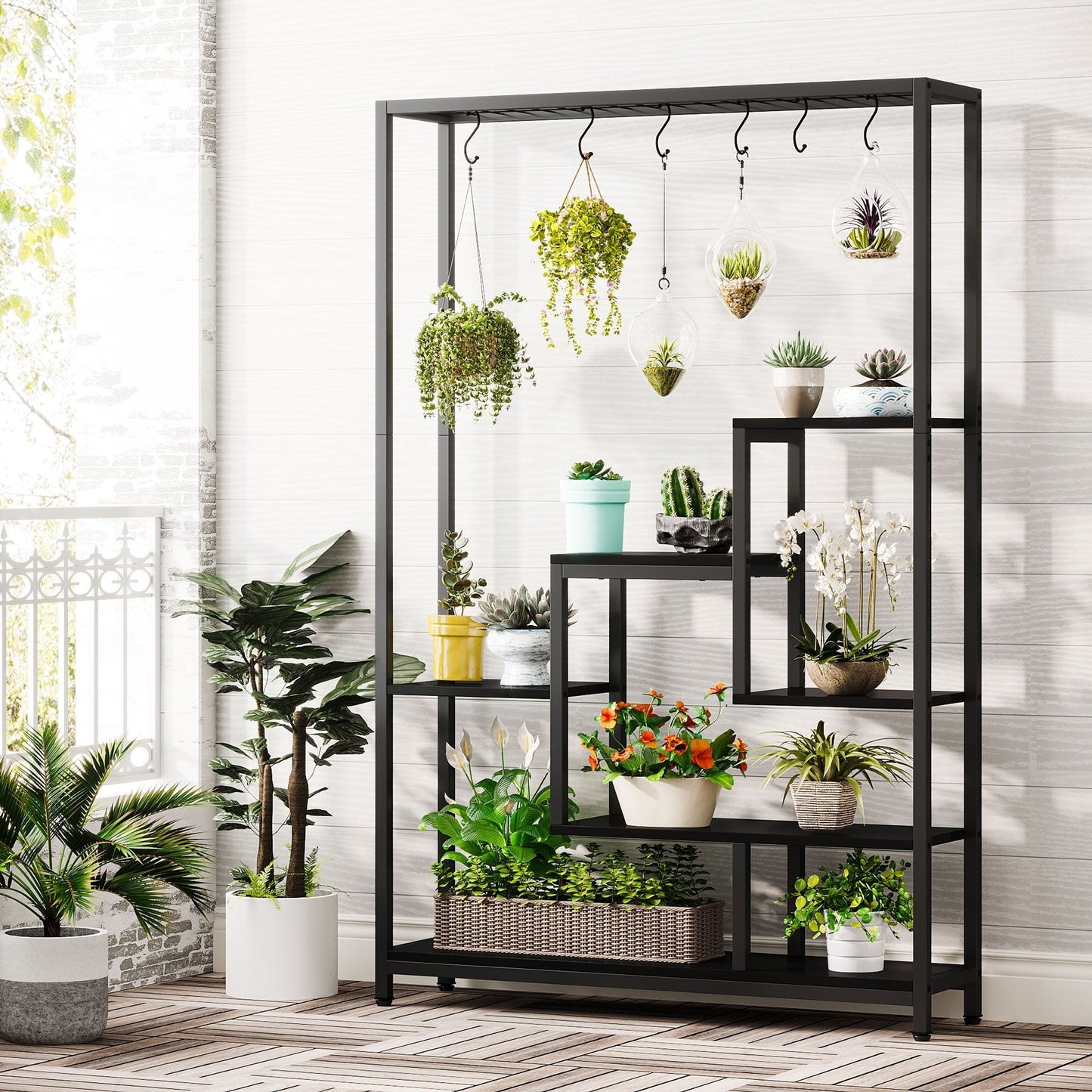 Support pour plantes d'intérieur haut à 5 niveaux, étagère pour plantes de 180 cm avec 10 crochets de suspension