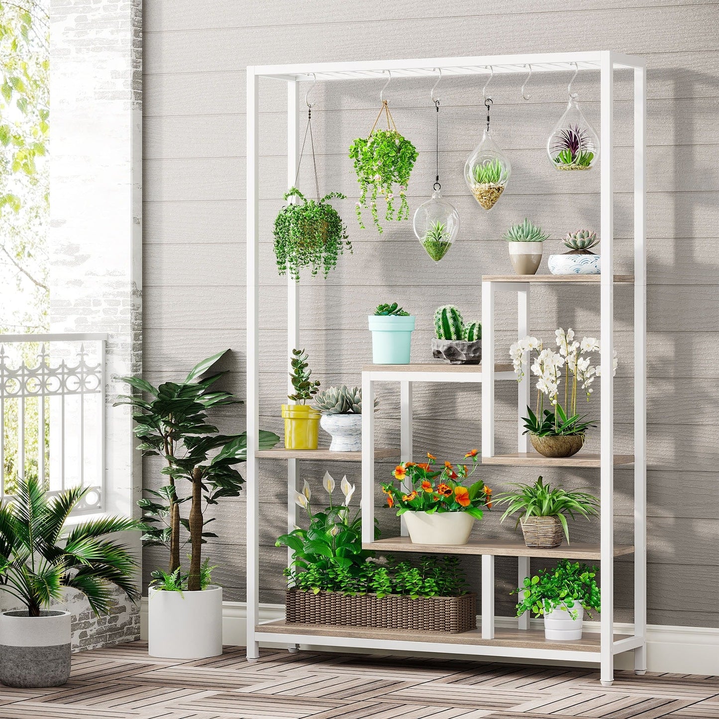 Support pour plantes d'intérieur haut à 5 niveaux, étagère pour plantes de 180 cm avec 10 crochets de suspension