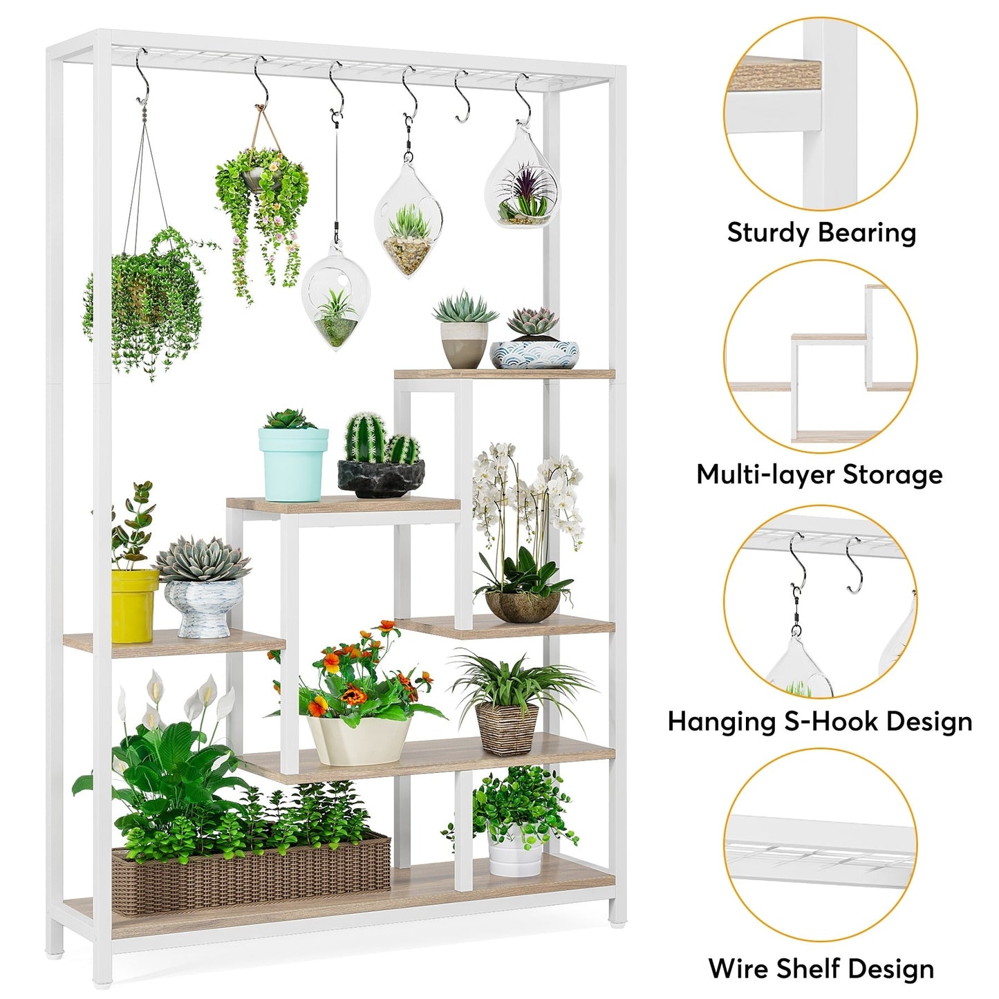 Support pour plantes d'intérieur haut à 5 niveaux, étagère pour plantes de 180 cm avec 10 crochets de suspension