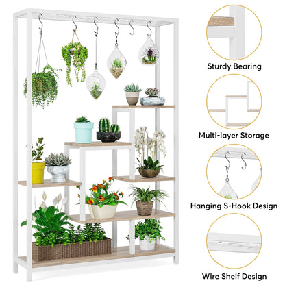 Support pour plantes d'intérieur haut à 5 niveaux, étagère pour plantes de 180 cm avec 10 crochets de suspension