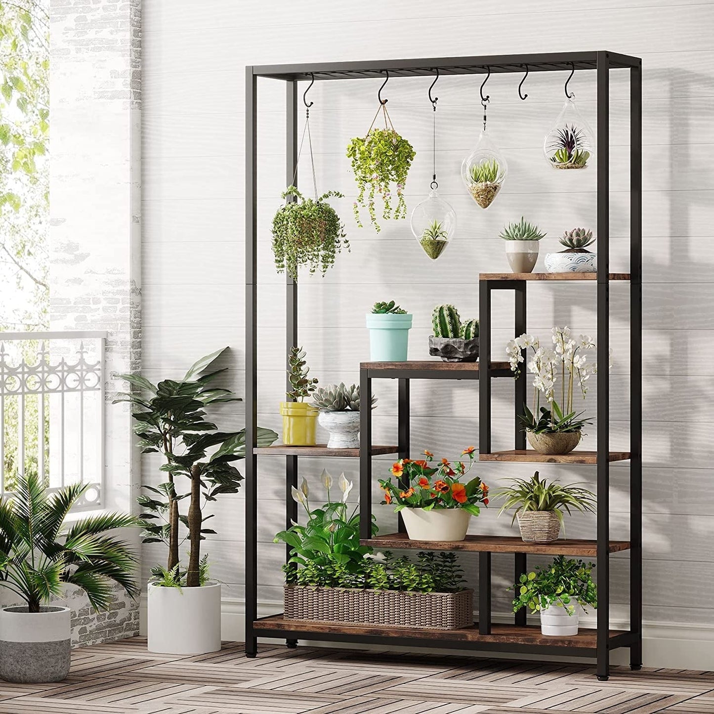 Support pour plantes d'intérieur haut à 5 niveaux, étagère pour plantes de 180 cm avec 10 crochets de suspension
