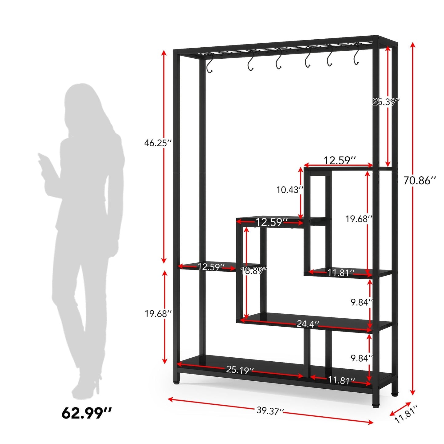 Support pour plantes d'intérieur haut à 5 niveaux, étagère pour plantes de 180 cm avec 10 crochets de suspension