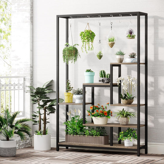 Support pour plantes d'intérieur haut à 5 niveaux, étagère pour plantes de 180 cm avec 10 crochets de suspension