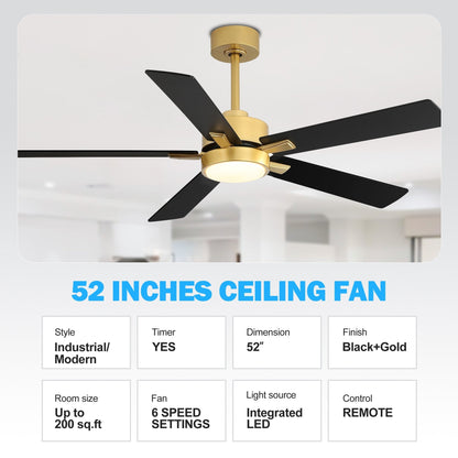 Ventilateur de plafond à DEL de 52 po avec kit d'éclairage et télécommande - 5 pales