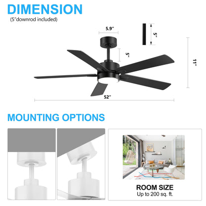 Ventilateur de plafond à DEL de 52 po avec kit d'éclairage et télécommande - 5 pales
