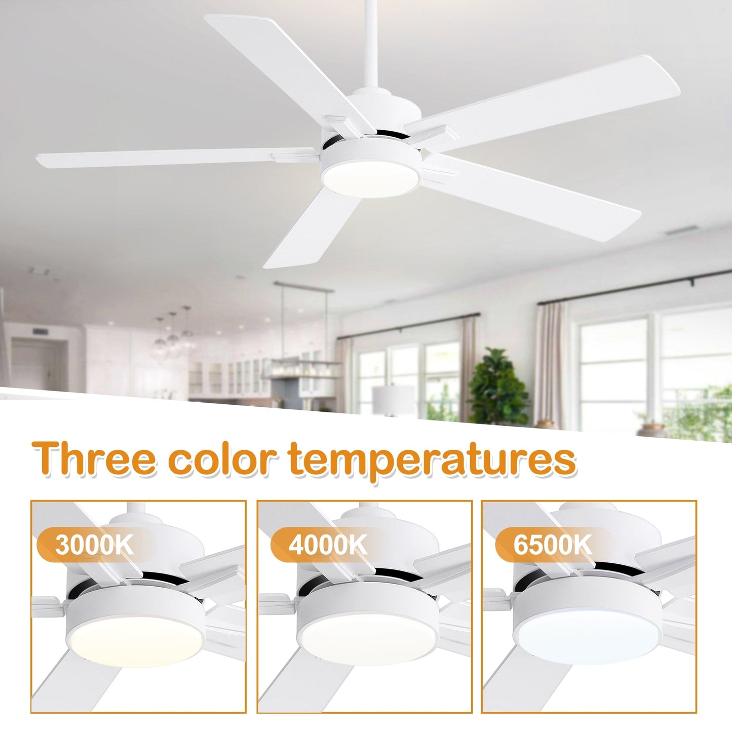 Ventilateur de plafond à DEL de 52 po avec kit d'éclairage et télécommande - 5 pales