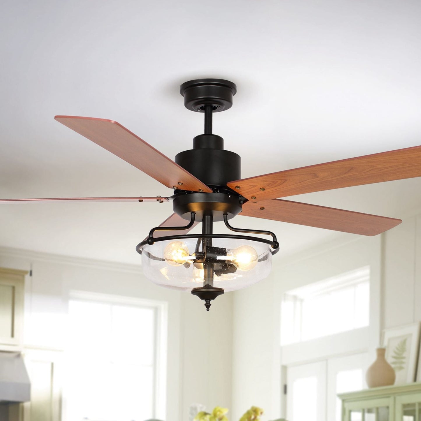 Ventilateur de plafond réversible en bois de 52 pouces, 5 pales et 3 lumières, avec télécommande