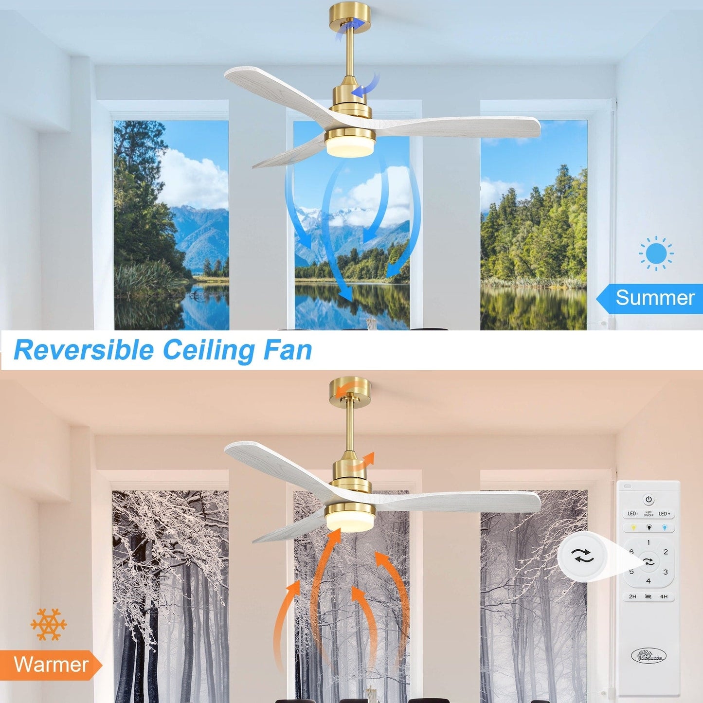 Ventilateur de plafond d'intérieur en bois Sofucor 52 avec télécommande et éclairage intégré en option