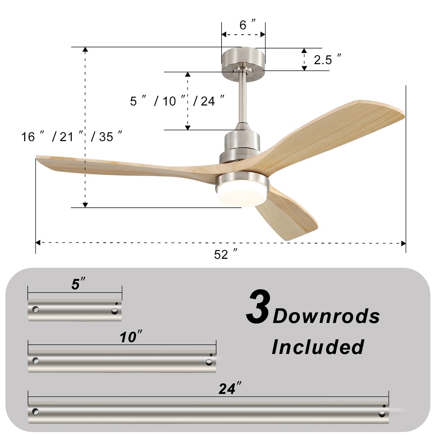 Ventilateur de plafond d'intérieur en bois Sofucor 52 avec télécommande et éclairage intégré en option