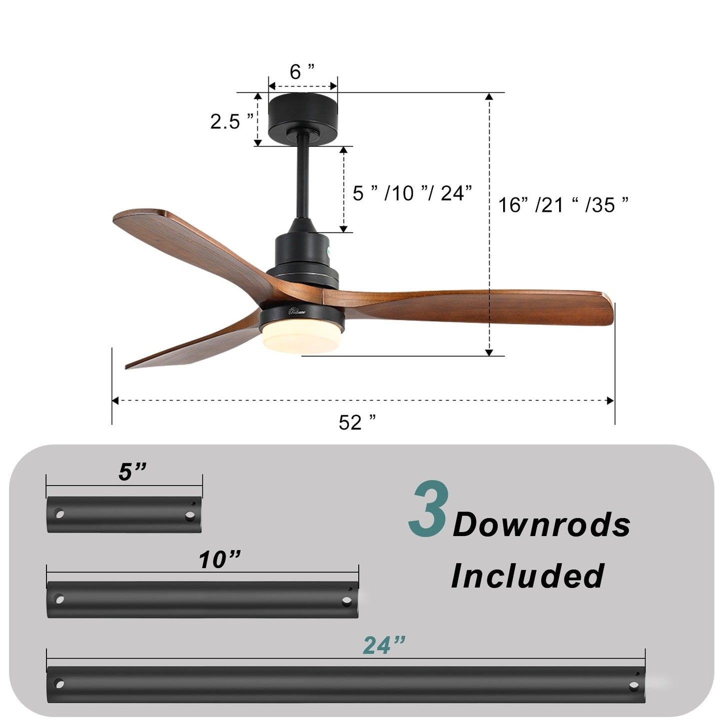 Ventilateur de plafond d'intérieur en bois Sofucor 52 avec télécommande et éclairage intégré en option