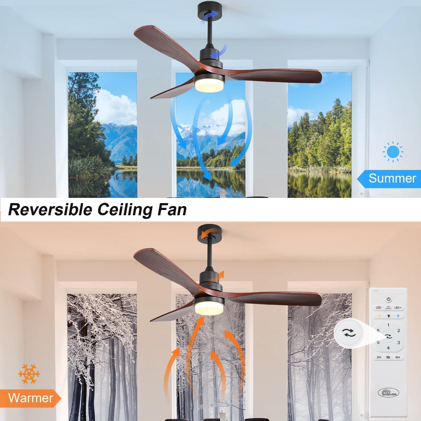 Ventilateur de plafond d'intérieur en bois Sofucor 52 avec télécommande et éclairage intégré en option