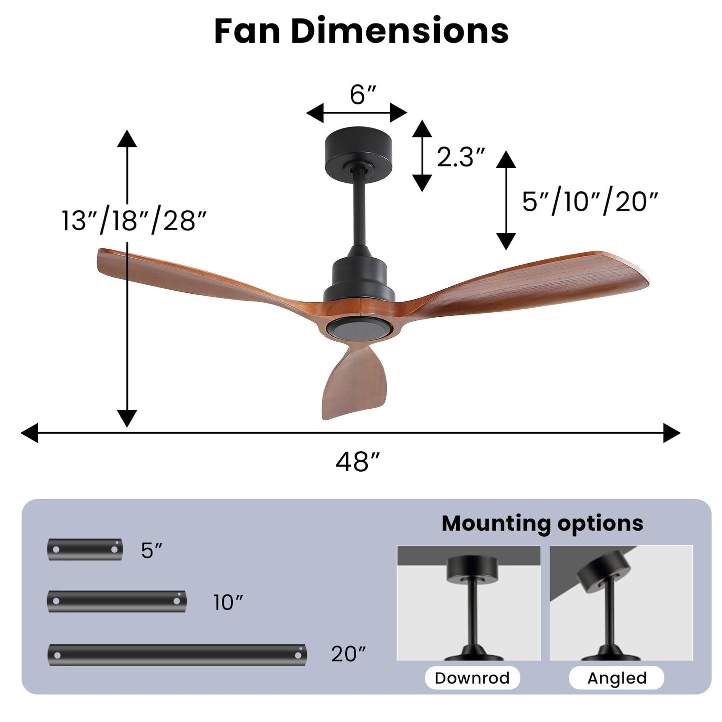 Ventilateur de plafond silencieux en bois de noyer 52/60/48 avec télécommande et éclairage intégré en option