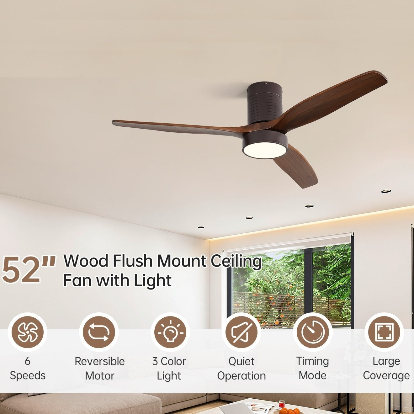 Ventilateur de plafond silencieux en bois de noyer 52/60/48 avec télécommande et éclairage intégré en option
