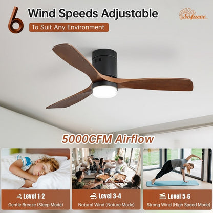 Ventilateur de plafond silencieux en bois de noyer 52/60/48 avec télécommande et éclairage intégré en option