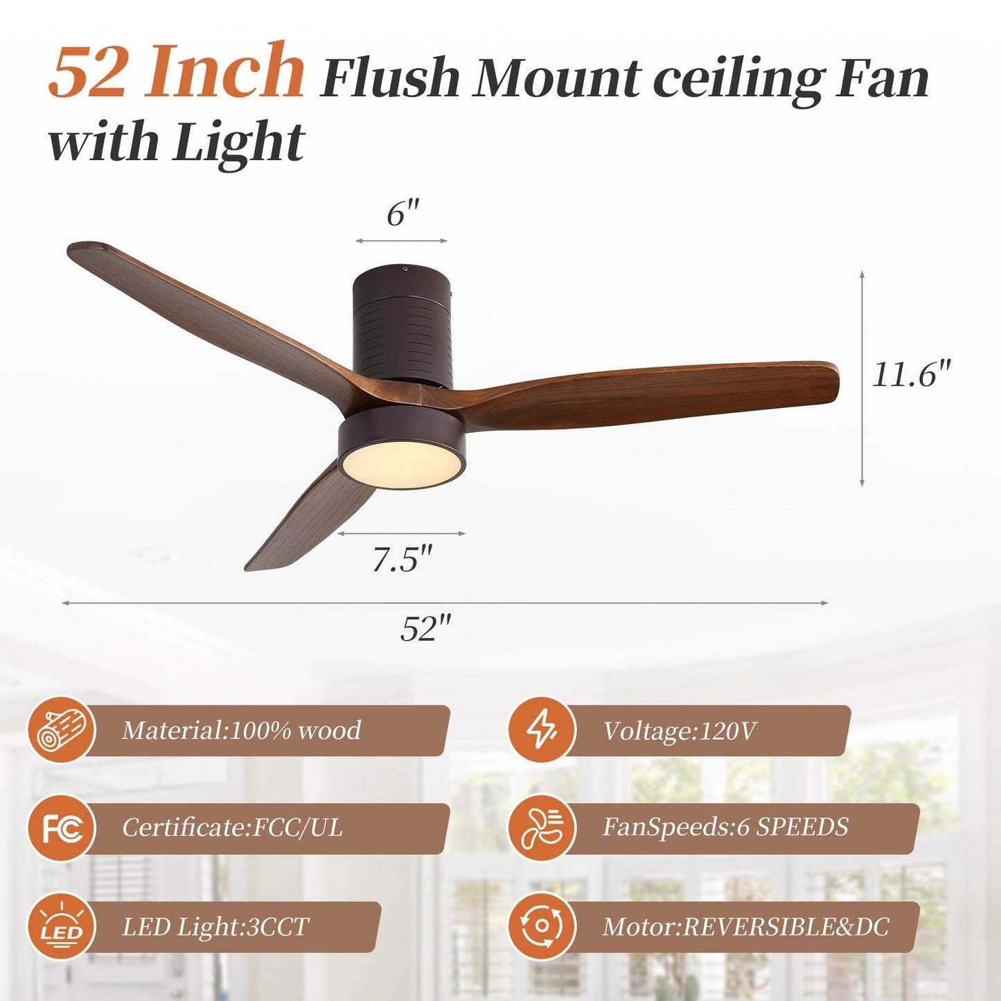 Ventilateur de plafond silencieux en bois de noyer 52/60/48 avec télécommande et éclairage intégré en option