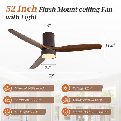 Ventilateur de plafond silencieux en bois de noyer 52/60/48 avec télécommande et éclairage intégré en option