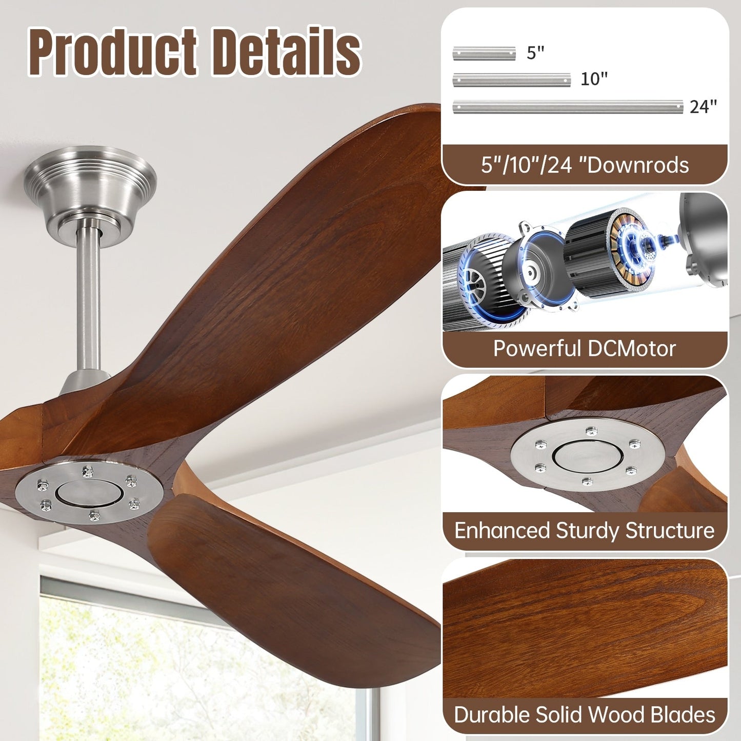 Ventilateur de plafond silencieux en bois de noyer 52/60/48 avec télécommande et éclairage intégré en option