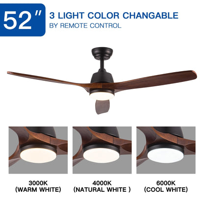 Ventilateur de plafond silencieux en bois de noyer 52/60/48 avec télécommande et éclairage intégré en option