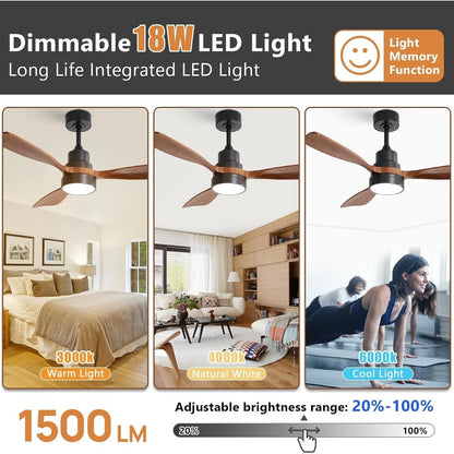 Ventilateur de plafond silencieux en bois de noyer 52/60/48 avec télécommande et éclairage intégré en option