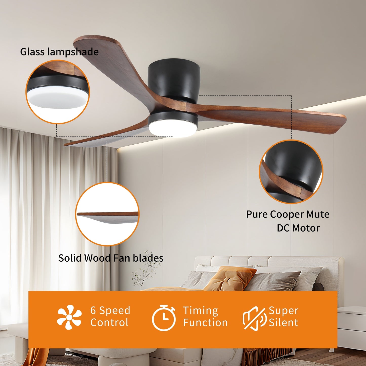Ventilateur de plafond silencieux en bois de noyer 52/60/48 avec télécommande et éclairage intégré en option