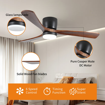 Ventilateur de plafond silencieux en bois de noyer 52/60/48 avec télécommande et éclairage intégré en option