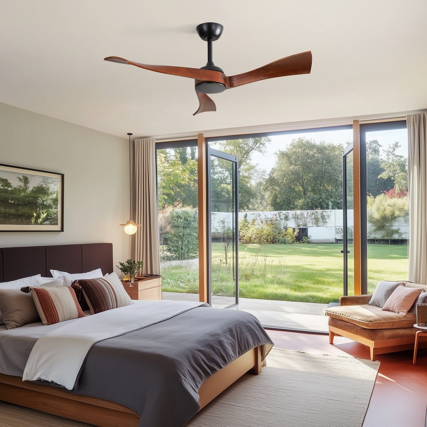 Ventilateur de plafond silencieux en bois de noyer 52/60/48 avec télécommande et éclairage intégré en option