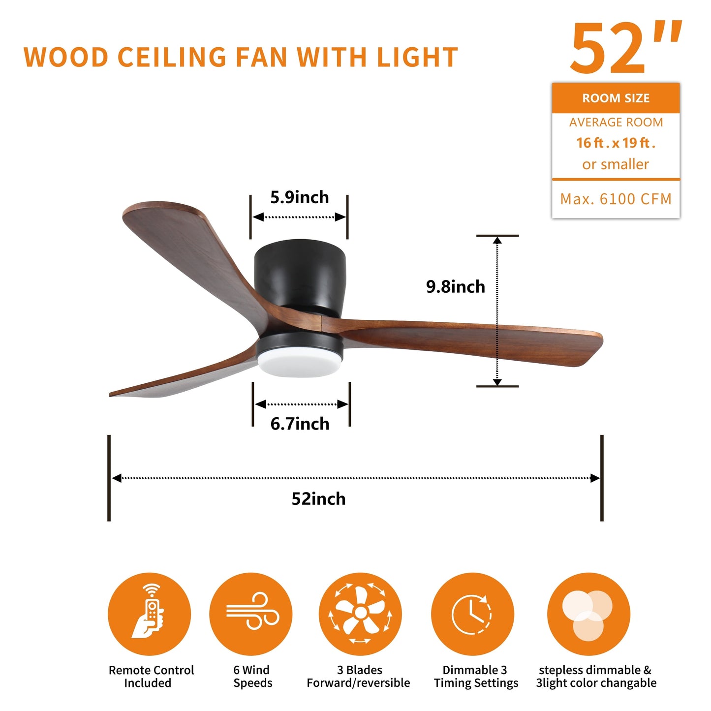 Ventilateur de plafond silencieux en bois de noyer 52/60/48 avec télécommande et éclairage intégré en option
