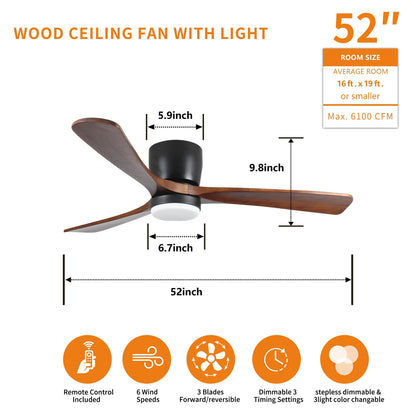 Ventilateur de plafond silencieux en bois de noyer 52/60/48 avec télécommande et éclairage intégré en option