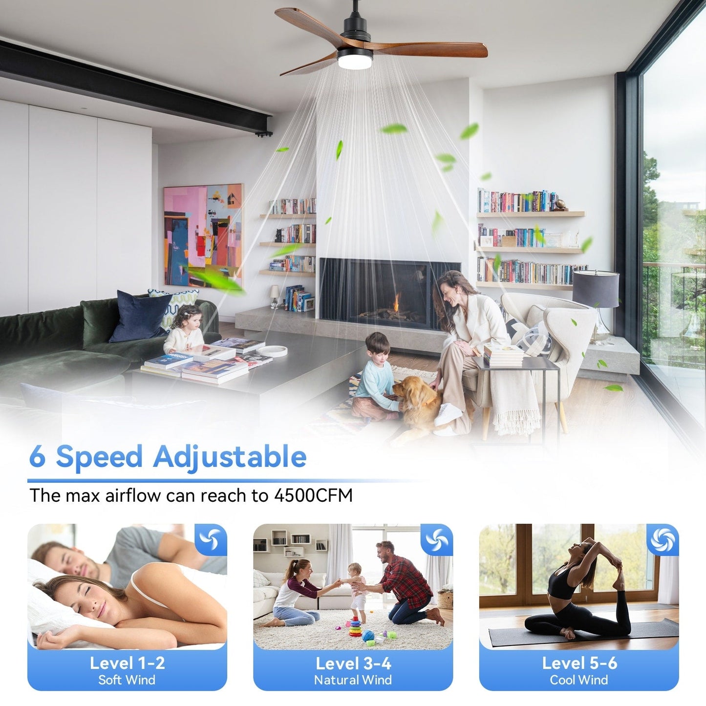 Ventilateur de plafond silencieux en bois de noyer 52/60/48 avec télécommande et éclairage intégré en option