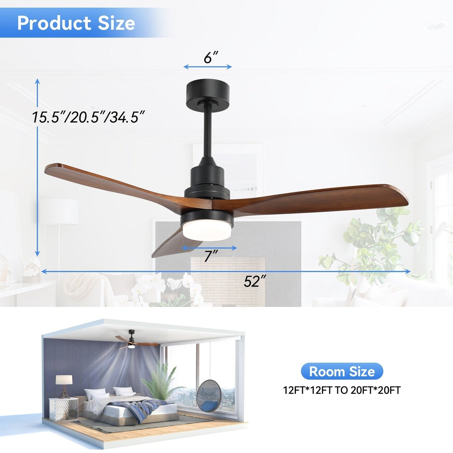 Ventilateur de plafond silencieux en bois de noyer 52/60/48 avec télécommande et éclairage intégré en option