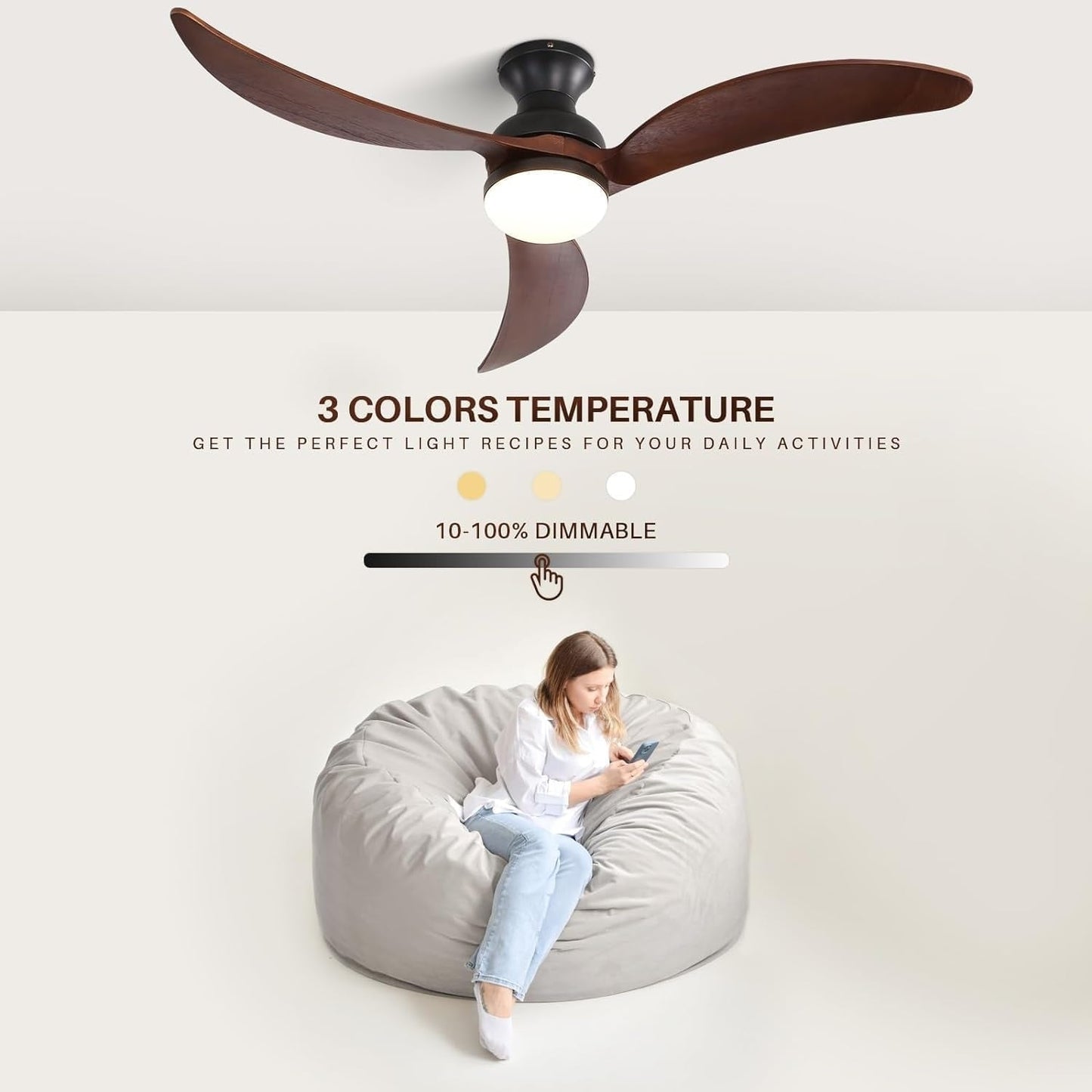 Ventilateur de plafond silencieux en bois de noyer 52/60/48 avec télécommande et éclairage intégré en option