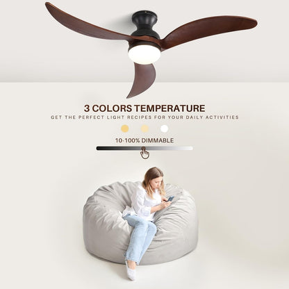 Ventilateur de plafond silencieux en bois de noyer 52/60/48 avec télécommande et éclairage intégré en option