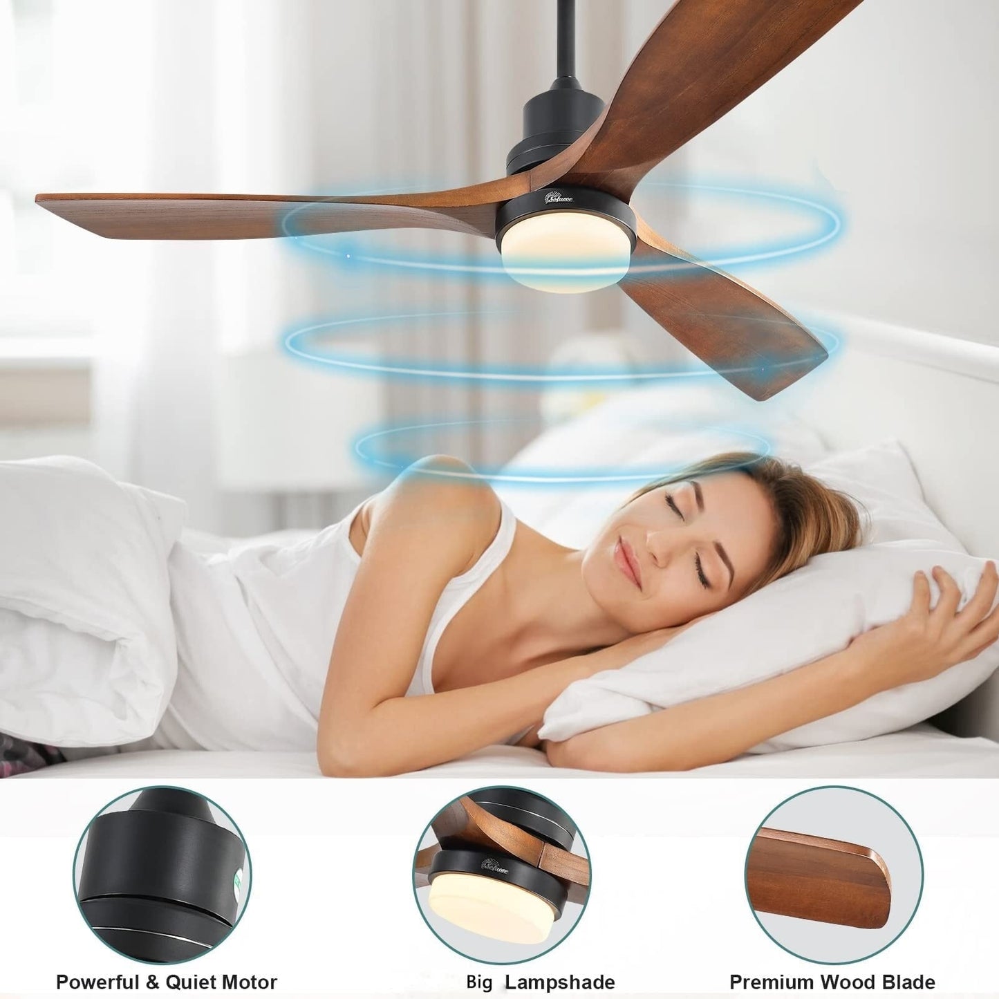 Ventilateur de plafond silencieux en bois de noyer 52/60/48 avec télécommande et éclairage intégré en option