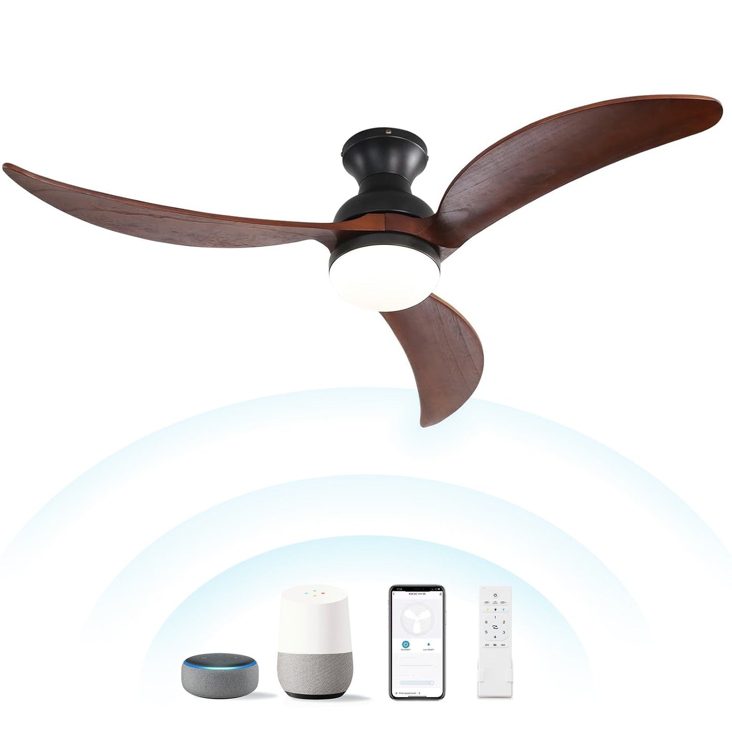 Ventilateur de plafond silencieux en bois de noyer 52/60/48 avec télécommande et éclairage intégré en option