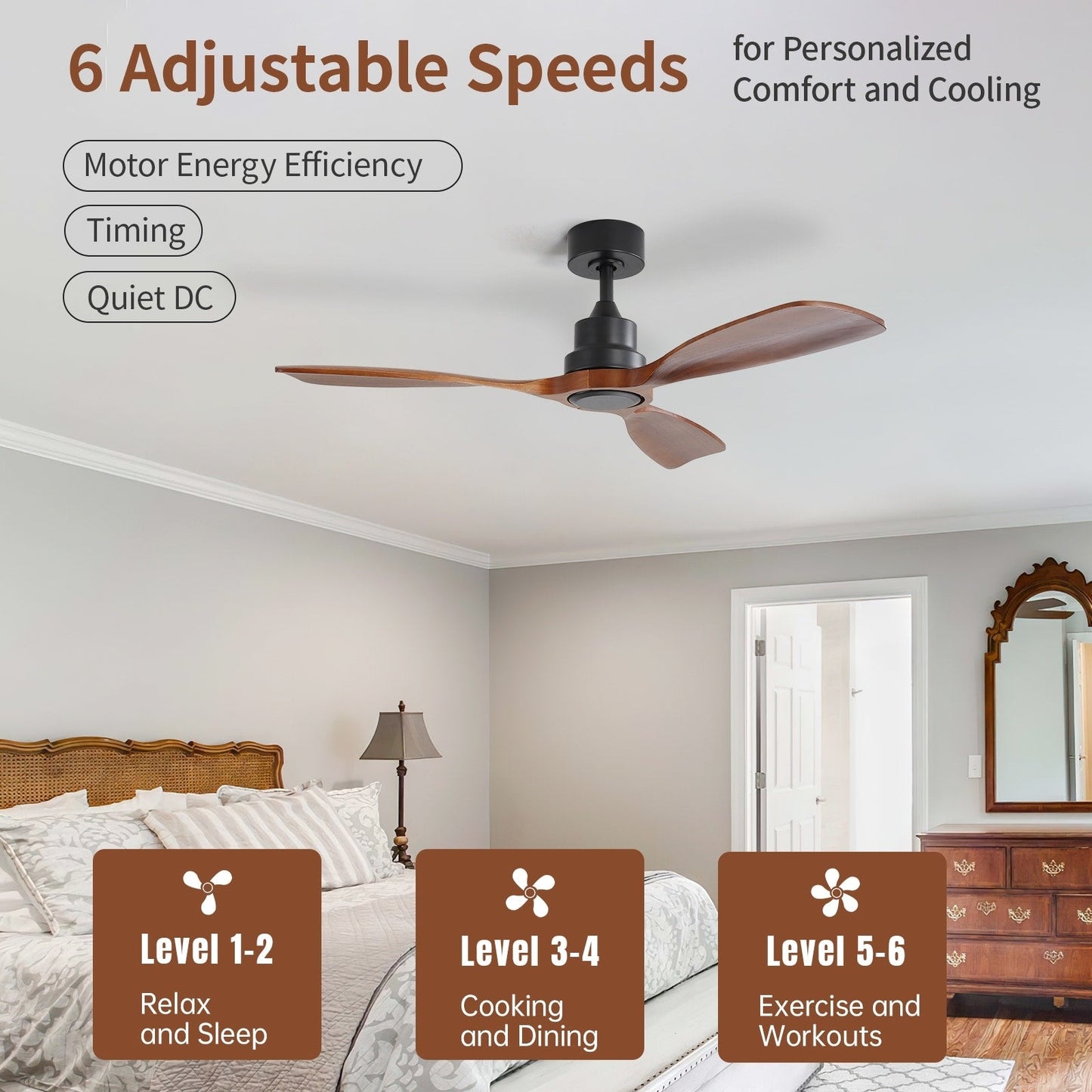 Ventilateur de plafond silencieux en bois de noyer 52/60/48 avec télécommande et éclairage intégré en option