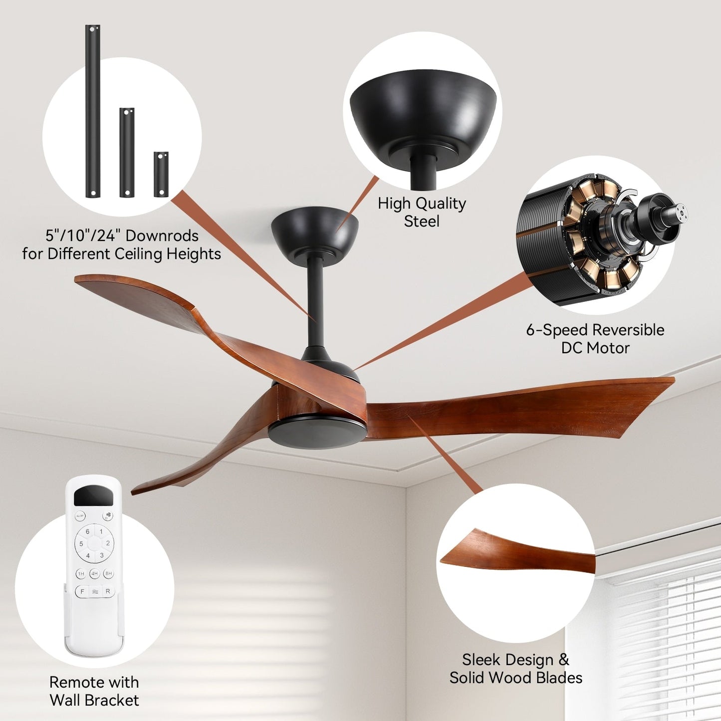 Ventilateur de plafond silencieux en bois de noyer 52/60/48 avec télécommande et éclairage intégré en option