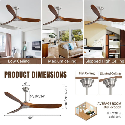 Ventilateur de plafond silencieux en bois de noyer 52/60/48 avec télécommande et éclairage intégré en option