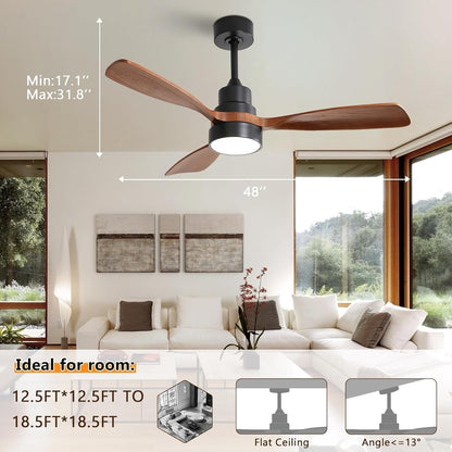 Ventilateur de plafond silencieux en bois de noyer 52/60/48 avec télécommande et éclairage intégré en option