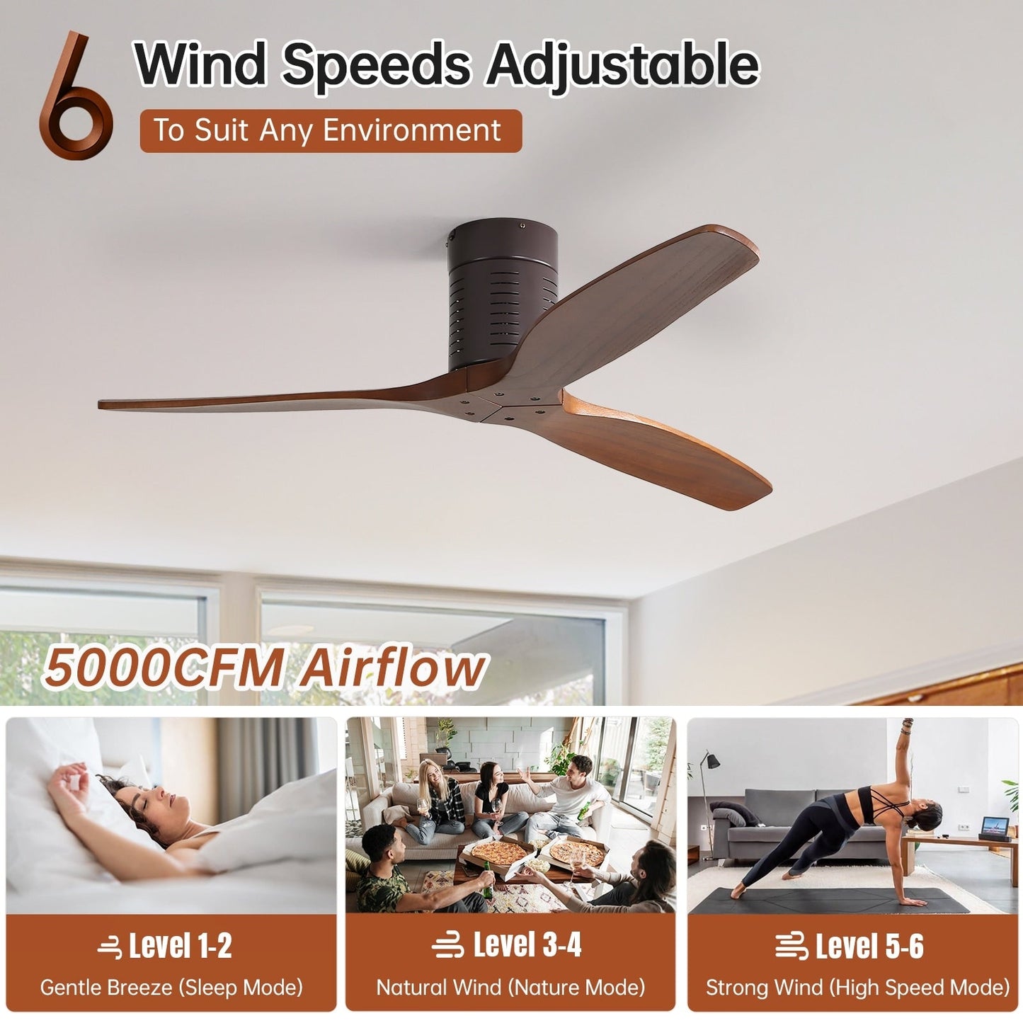 Ventilateur de plafond silencieux en bois de noyer 52/60/48 avec télécommande et éclairage intégré en option