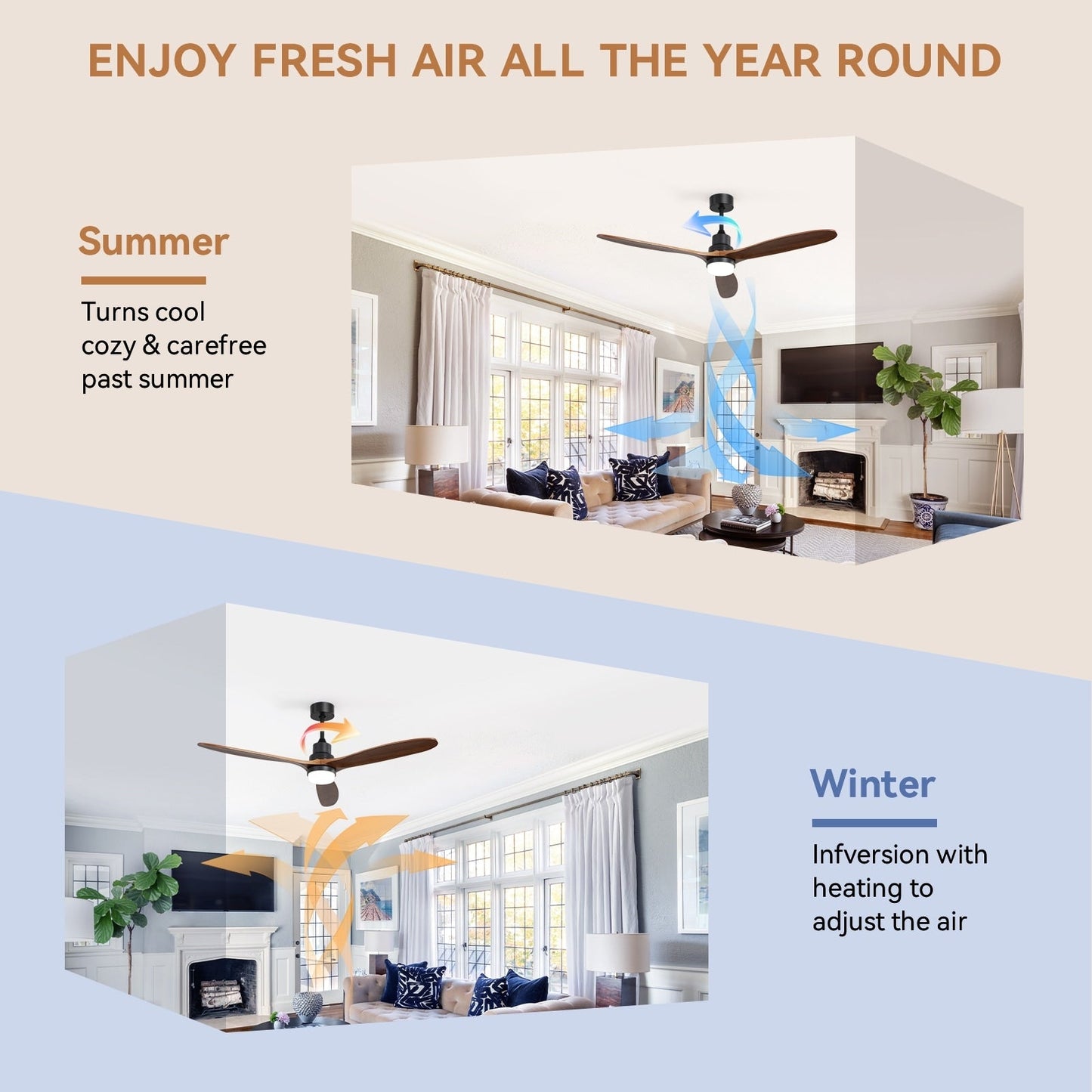 Ventilateur de plafond silencieux en bois de noyer 52/60/48 avec télécommande et éclairage intégré en option