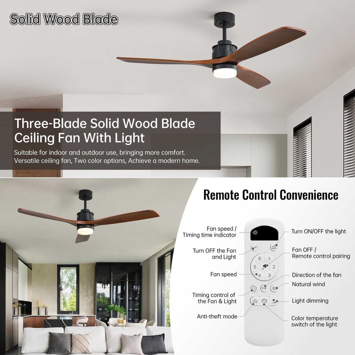 Ventilateur de plafond silencieux en bois de noyer 52/60/48 avec télécommande et éclairage intégré en option